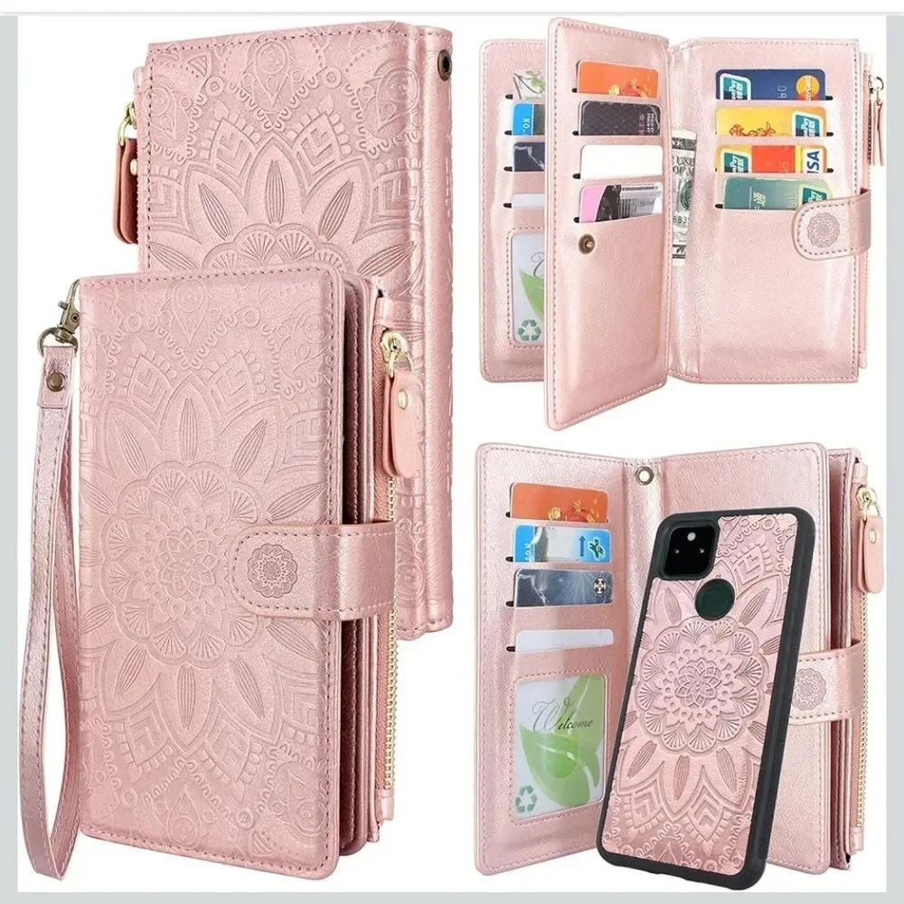Google Pixel 5A Wallet Phone Case - Embossed Pink Mandala